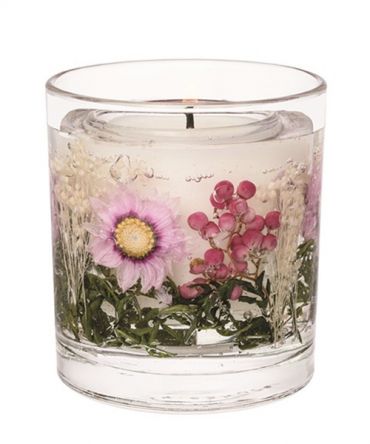 Декоративна ароматна гел свещ с естествени цветя в стъклена чаша, подходяща за подарък