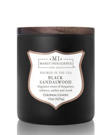 Ароматна свещ Black Sandalwood с аромат на сандалово дърво, бергамот, тютюн, амбър и мускус. Изискан подарък за мъж, рожден ден, имен ден, сватба, годишнина, свети Валентин, Коледа