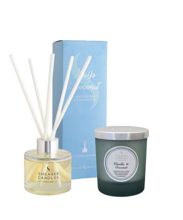 Комплект за подарък ароматизирана свещ и Дифузер с ароматизиращи пръчици с аромат на ванилия и кокос