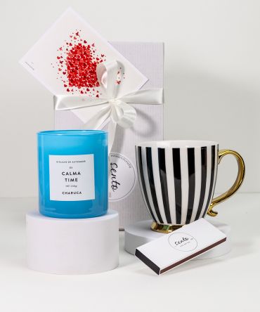 Подаръчен комплект за жена с ароматна свещ и порцеланова чаша за кафе и чай. Подарък за свети Валентин, рожден ден, имен ден.